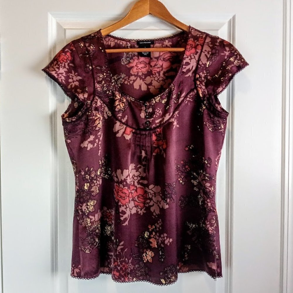 Calvin Klein Jeans Burgundy Red Floral Silk Cap Sleeve Top